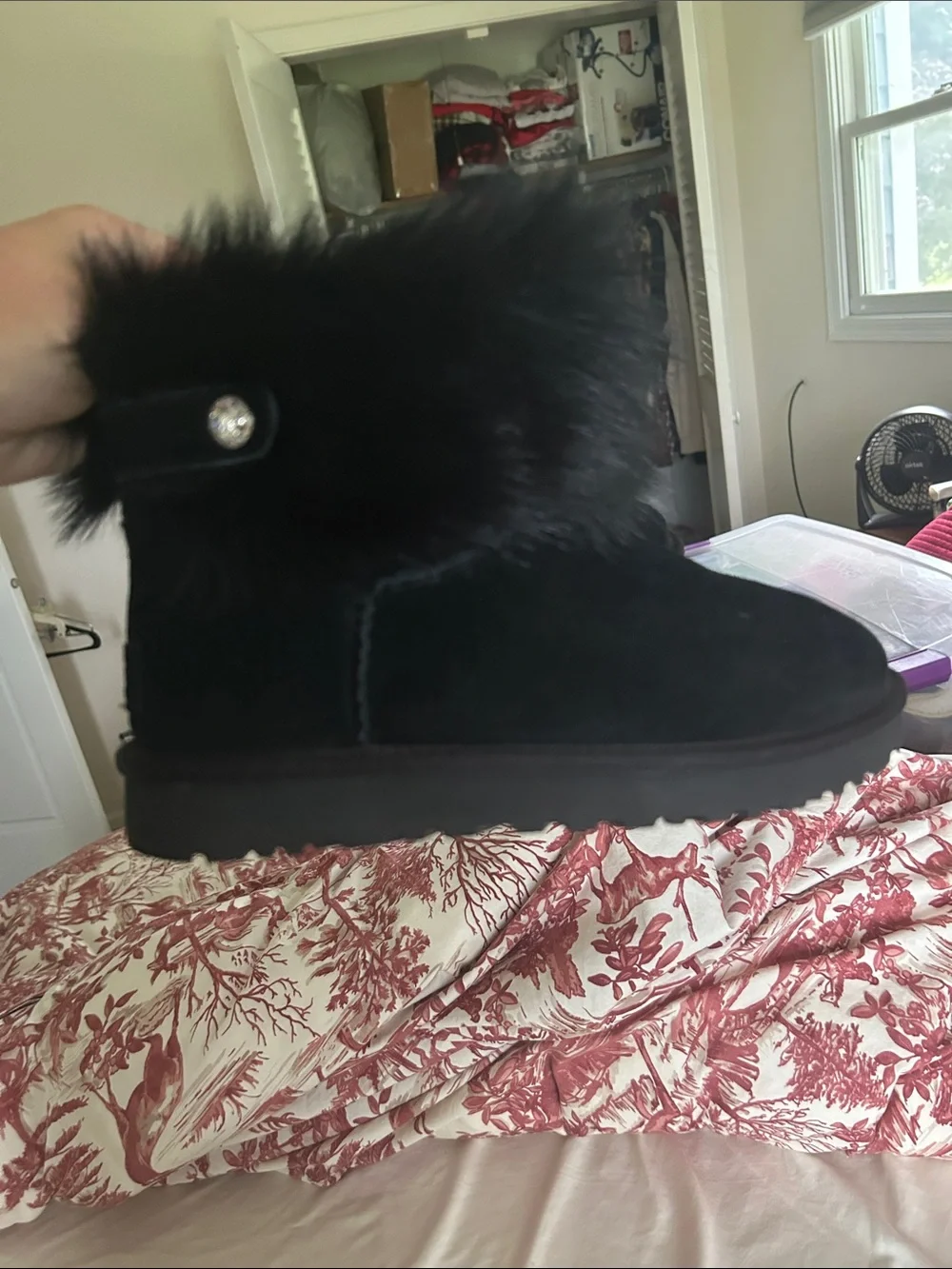 UGG Black Suede Faux-Fur Cuff Button Boot-NWOT